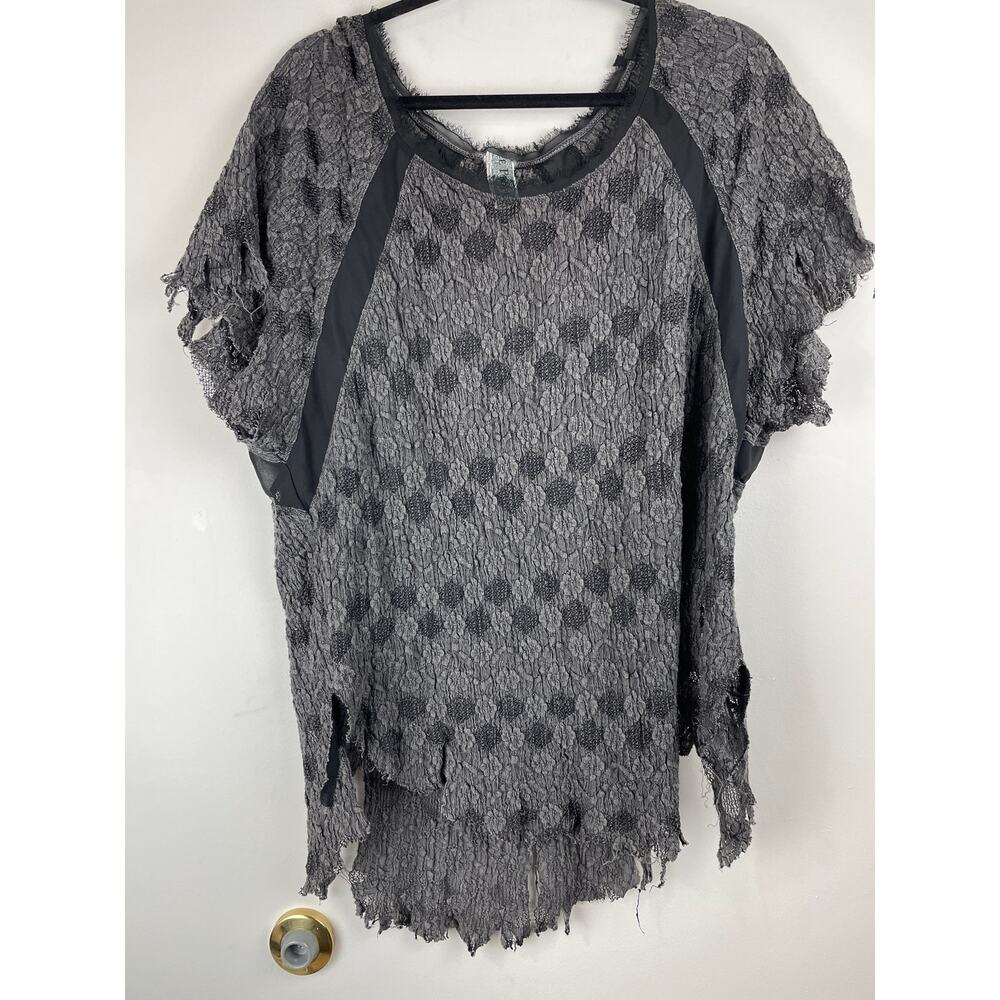 Free People Crinkle Lace Mesh Tunic Top Charcoal Gray Distressed Oversized SP